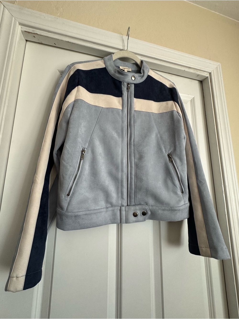Mystree Small Suede Color Block Navy Light Blue Beige Moto Jacket 60861